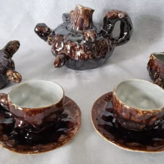 Vintage Abstract TREE Trunk Stump Tea Service SET for 2 Dark Brown Swirl Porcelain Folk ART Pottery